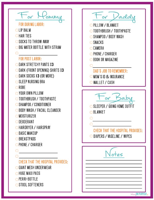 free printable hospital bag checklist for labor